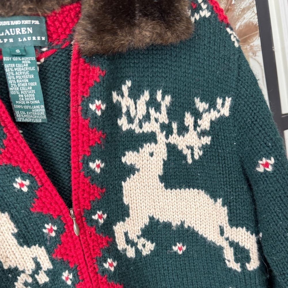 Vintage Ralph Lauren Hand Knit Wool Fur Collar Reindeer Christmas Sweater zipup - Picture 7 of 14